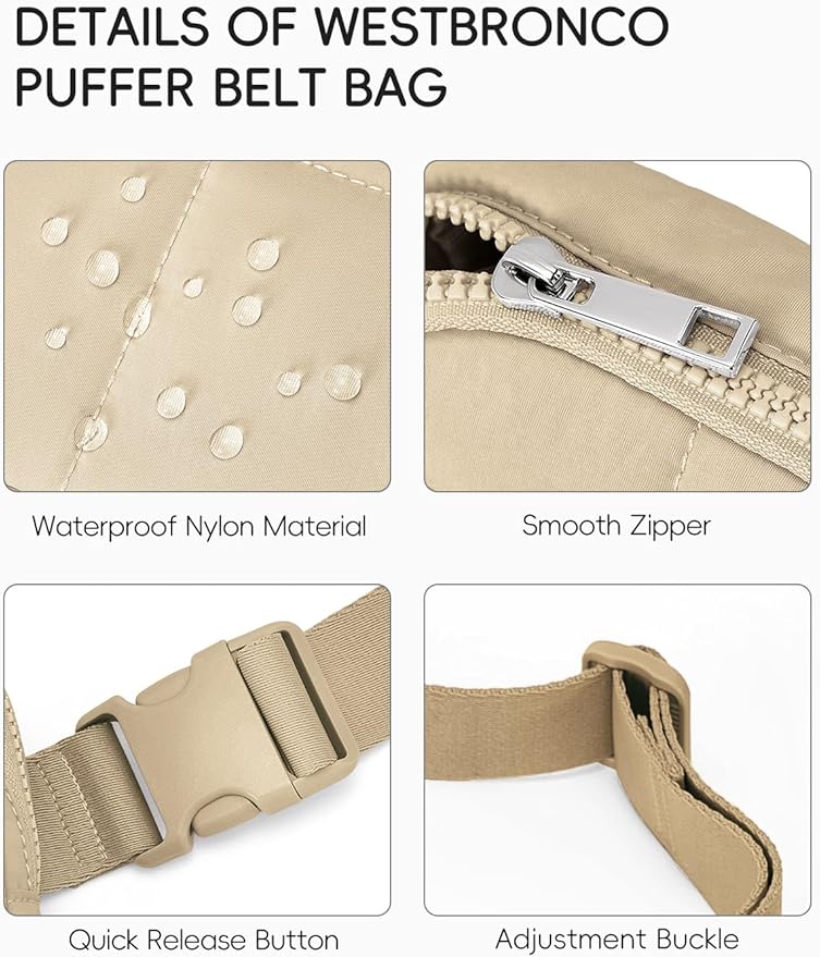 WESTBRONCO Puffer Fanny Packs for Women Quilted Nylon Waterproof Belt Bag with 2 Zipper, Puffy Crossbody Bag with Adjustable Strap, 1L Waist Bag for Travel Daily