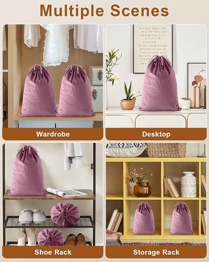 FantasyLife Shoe Bags for Travel, Washable Dust Bags for Storage & Packing, Flannel Shoe Pouch with Drawstring Closure for Purses, Handbags, Shoes & Toys (2, Parfait Pink, 17.3"x12.6")