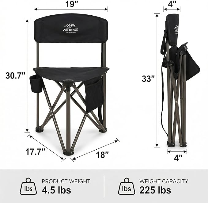 2 Pack Folding Camping Tripod Stool with Backrest & Cup Holder, Lightweight Portable Outdoor Chairs for Adults, Compact 3-Leg Seat for Fishing, Hunting, Hiking & Travel w/Bag - Black