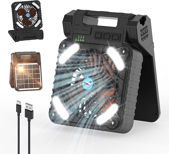 Smiling Shark Camping Fan with LED Lantern, USB Rechargeable Solar Camp Fan with 4 Speeds Powerful Wind & 3 Timer 90° Foldable Cordless Portable Tent Fan for Camping Fishing Hiking