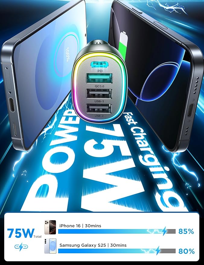 75W Car Charger USB C, 4 Port Super Fast Cigarette Lighter USB Charger, Type C 60W & QC 3.0 Multiport Car Phone Adapter Accessories for iPhone 17/16/15/14/13/12 Pro Samsung S26 Series, Titanium