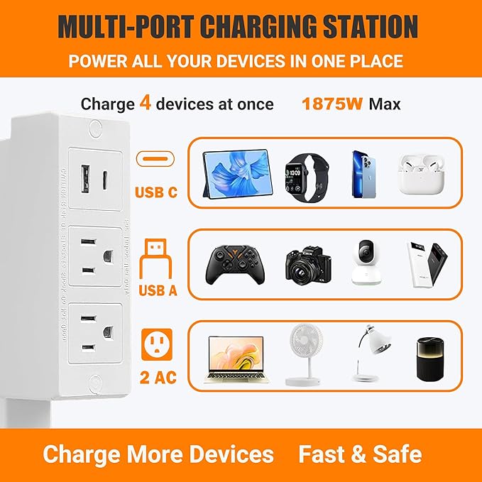 Outlet Extender Stick - Plug Extension Outlet with 3 Prong, Rotating Wall Socket Expander for Home Office Household, Hard to Reach Places, Electrical Power Outlet Extender with USB Ports