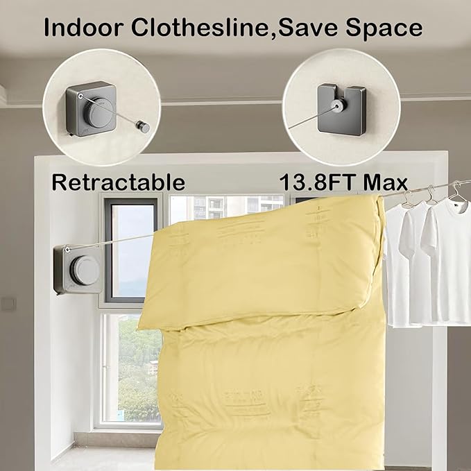 Retractable Clothesline Indoor,Bathroom Clothesline Retracting Heavy Duty Clothes Drying Laundry Line Travel Clothesline for Hotel Room Wall Mounted Stainless Steel Line-13.8 Feets,Gray
