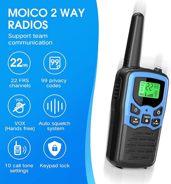 MOICO Walkie Talkies for Adults with 22 FRS Channels, LED Flashlight, VOX Scan LCD Display, Long Range Family Walkie Talkie Radios for Hiking Camping Trip (Dark Blue)