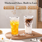 GOSCHE 20oz Glass Cups with Lids and Straws, Reusable Iced Coffee Cups, Thickened Glass Tumbler Set Ideal for Juices, Smoothies, Cocktails, and Beverage, Clear, 6 Pack