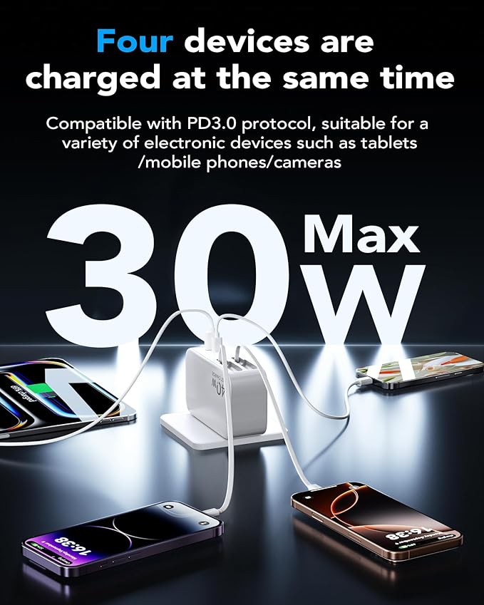 Retractable USB C Charger Wall Plug with 35.5in/90cm Type C Cables Cords,40W Fast Charging Foldable Block Multi Charger for All Devices for iPhone 17/16/15/14/13/12,iPad,Galaxy,Pixel