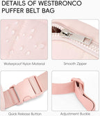 WESTBRONCO Puffer Fanny Packs for Women Quilted Nylon Waterproof Belt Bag with 2 Zipper, Puffy Crossbody Bag with Adjustable Strap, 1L Waist Bag for Travel Daily