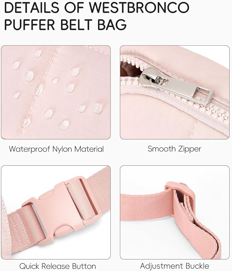 WESTBRONCO Puffer Fanny Packs for Women Quilted Nylon Waterproof Belt Bag with 2 Zipper, Puffy Crossbody Bag with Adjustable Strap, 1L Waist Bag for Travel Daily