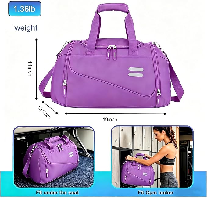 Gym Bag for Men & Women - 30L Duffel Bag with Shoe Compartment, Weekender Water Resistant Duffle Bag for Travel, Sports, Fitness & Workouts, Purple