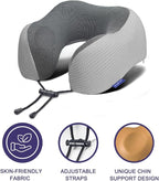 napfun Neck Pillow for Travel with Travel Pouch, Sleep Mask & Earplugs, Memory Foam Airplane Pillow for Headrest Sleep with Eyeshades, Plane Essentials with Eye Blindfold, Light Gray Striped Kit
