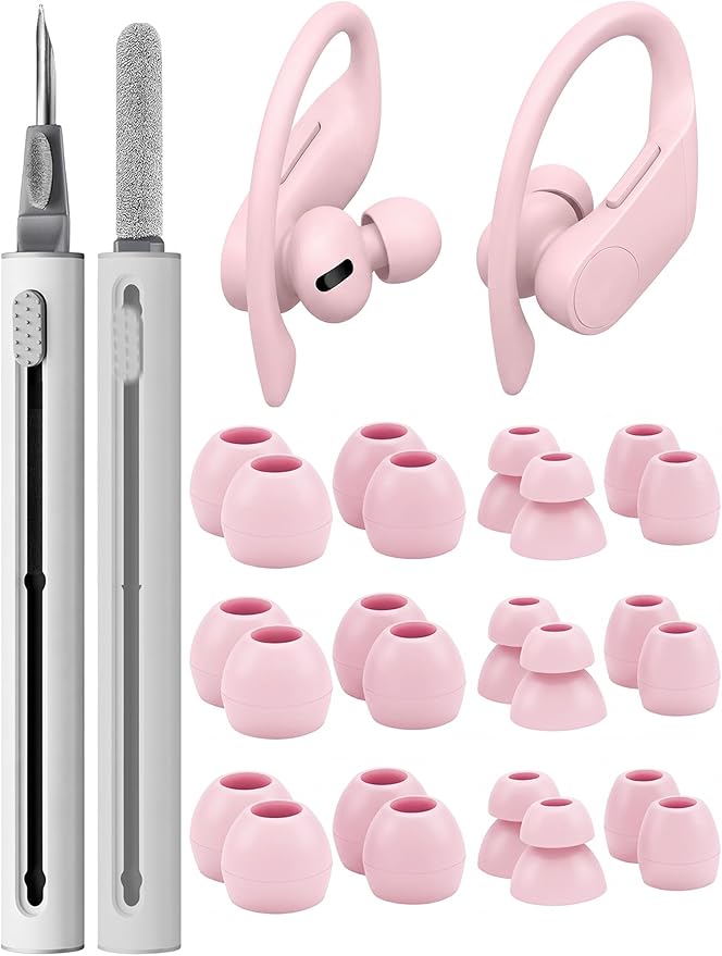 12 Pairs Replacement Ear Tips for Beats Powerbeats Pro/Flex/X Earbuds, Soft Silicone Non-Slip Earbud Accessories, Beats Replacement Tips with Cleaning Kit (Pink)