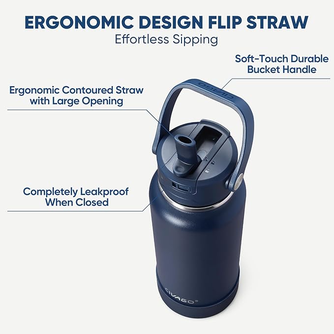 CIVAGO 32 oz Insulated Stainless Steel Water Bottle with Detachable Straw, Large Metal Water Jug with Bucket Handle, Leakproof Sports Water Flask with Silicone Boot, Dishwasher Safe, Army Green