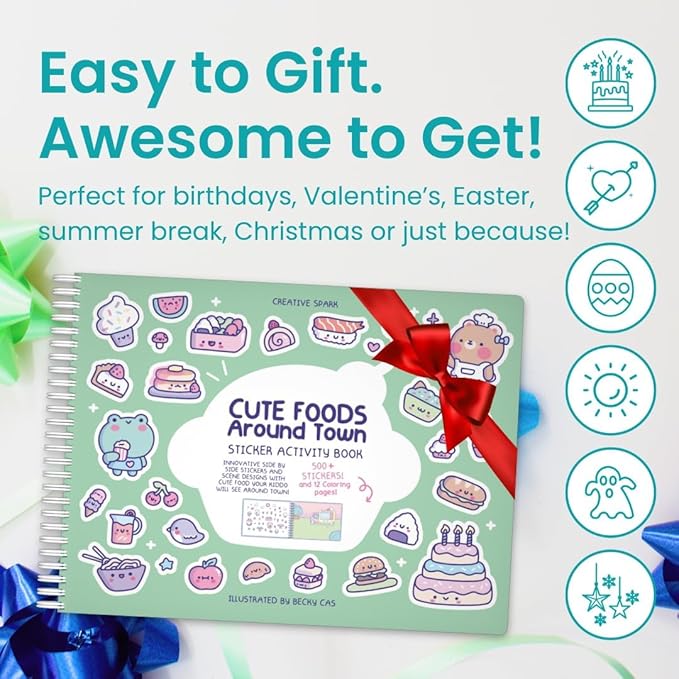 Cute Foods Around Town 500+ Sticker Book for Girls by Cupkin Toddler Airplane Activity Coloring + Sticker Book, Road Trip Essentials, 12 Coloring Pages + 12 Scenes for Ages 2–8 Years