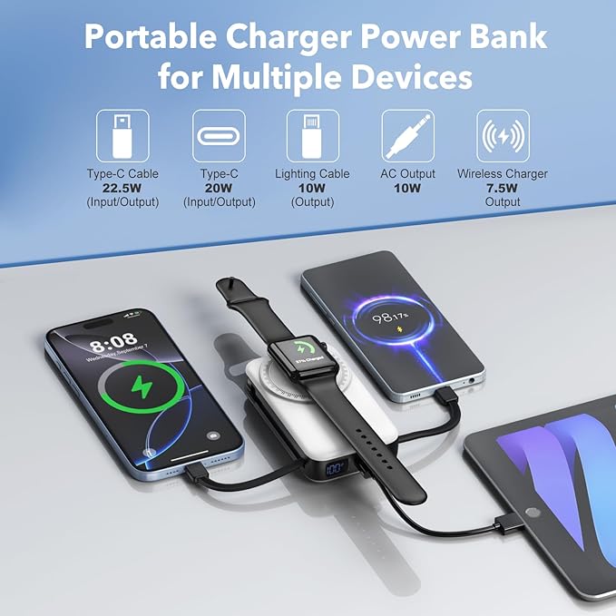 Magnetic Portable Charger 10000mAh for iPhone with Built-in Cables and Wall Plug,Wireless Power Bank with iWatch Charger,LCD Display 22.5W Fast Charging Battery Pack for iPhone 16/15/14/13/12 (White)