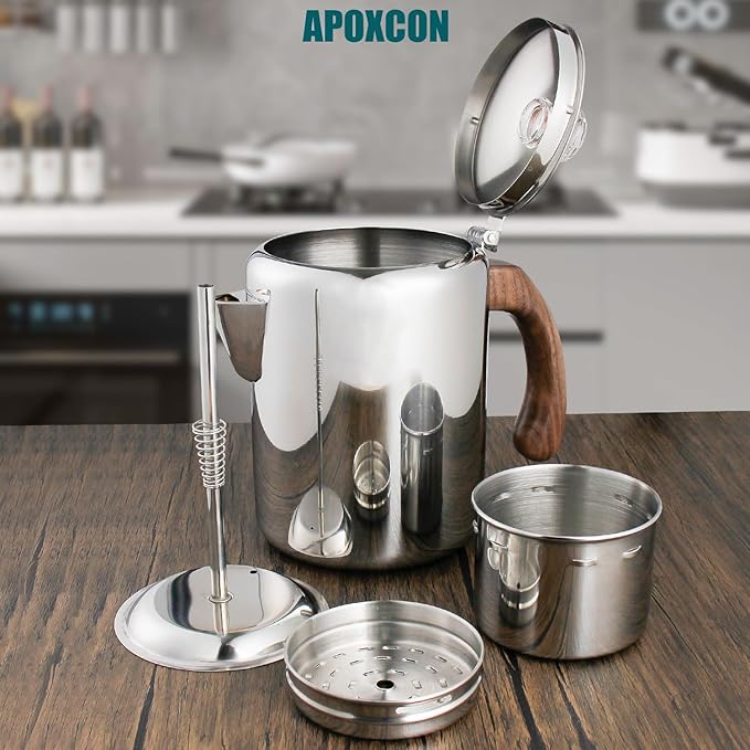 APOXCON Coffee Percolator Pot Stainless Steel Coffee Maker with Tough Glass Knob & Fireproof Solid Wood Handle & Drip-Free Spout Camping Coffee Pot Using on any Stovetop NO Aluminum NO Plastic (8 Cup)