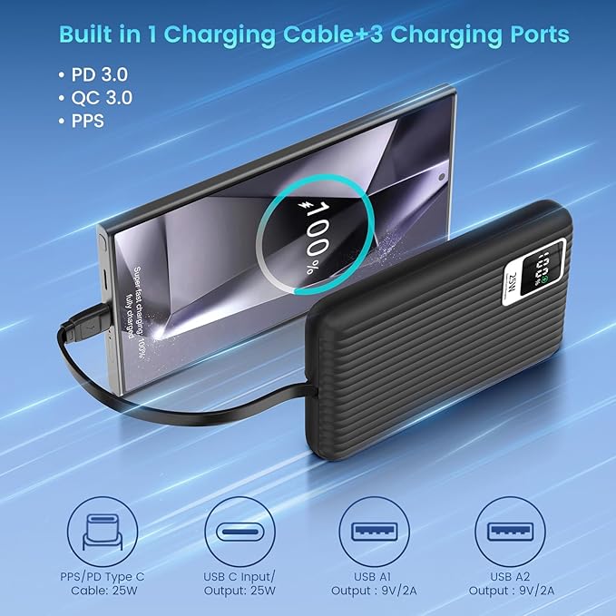 25W Super Fast Charging Portable Charger Power Bank with Built in Cable, 10000mAh Slim USB C Power Bank for Samsung Galaxy S26 Ultra/S26/S26+/S25 Ultra/S25/S24 Ultra/S24/S23 Ultra/S22 Ultra/Note 20