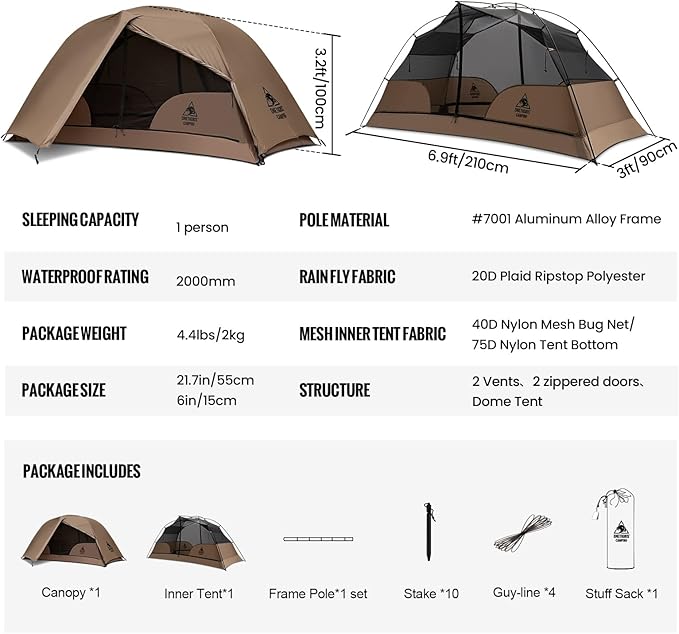 OneTigris COSMITTO 2 Person Backpacking Tent Shelter- Free Standing Lightweight Waterproof 3 Season Camping Tent for Outdoor Hiking Mountaineering