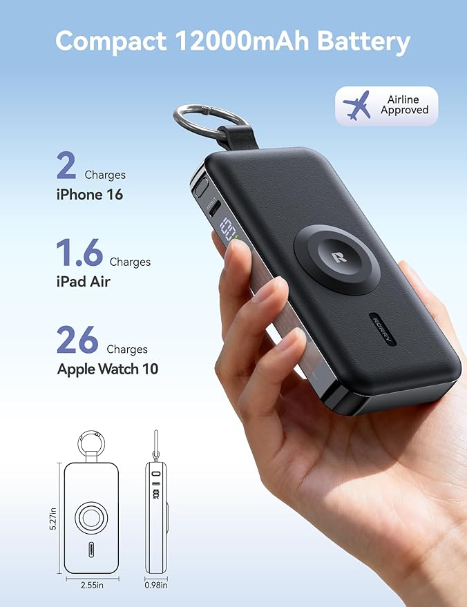 RORRY Portable Charger, 12000mAh 30W Fast Charging Power Bank with Built-in Retractable USB C Cable, Battery Pack with Keychain, Travel Essentials for iPhone, Apple Watch, iPad, Black