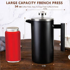 SZHETEFU 34 OZ Large French Press, Premium Stainless Steel Sturdy Insulated French Press Coffee Maker, 4-8 Cups French Coffee Press, Tea Presses for Home Kitchen Caming Loose Tea, Elegant Black