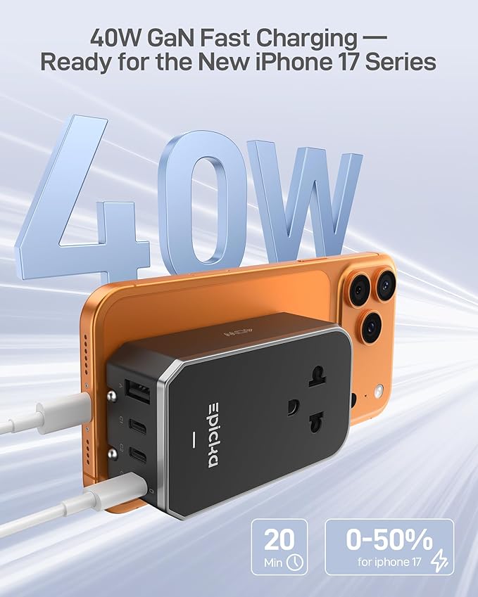 EPICKA Air 40W Universal Travel Adapter, PD Fast Charging International Power Adapter with 1 AC & 4 USB Ports, Worldwide Compact Travel Essentials for USA/EU/UK/AUS(Black, Not a Voltage Converter)
