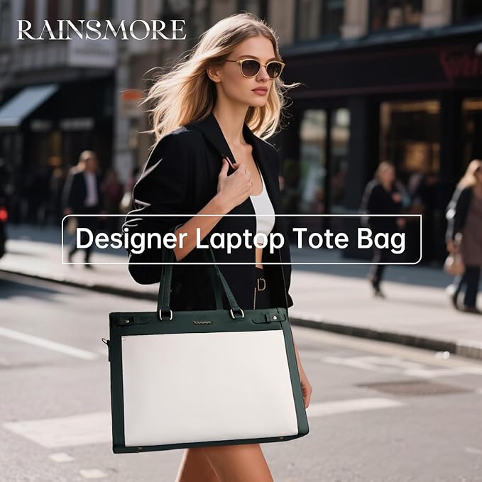 RAINSMORE Laptop Bag for Women 15.6 Inch PU Vegan Leather Work Tote Bag Waterproof Womens Briefcase Designer Computer Bag for Office Teacher College Travel Large Tote Purse Professional Purple & Beige