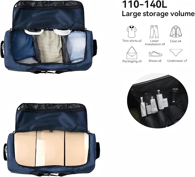 Rolling Duffle Bag with Wheels,110L/140L Expandable Soft-Sided Foldable Duffle Bag with 2 Rubber Wheels,Packable 32” Rolling Carry-On with Multi-Pockets & Compartments (Dark blue)