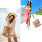 CWB&ADB Large Mesh Beach Tote Bag, Foldable Summer Handbag, Tan
