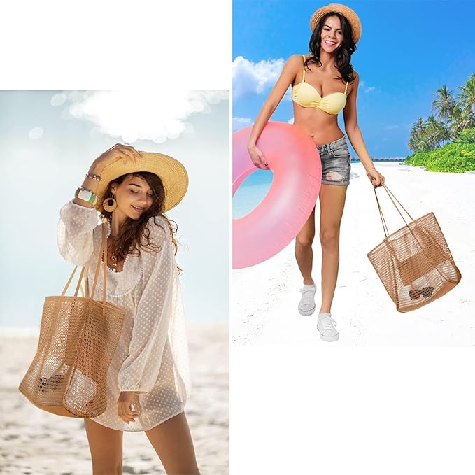 CWB&ADB Large Mesh Beach Tote Bag, Foldable Summer Handbag, Tan