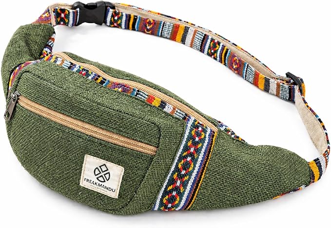 Freakmandu Eco-Friendly Green Boho Hippie Style Hemp Fanny Pack Cross Body Hip Waist Bag for Hiking Running Jogging (Safari)