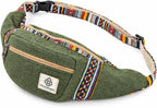 Freakmandu Eco-Friendly Green Boho Hippie Style Hemp Fanny Pack Cross Body Hip Waist Bag for Hiking Running Jogging (Safari)
