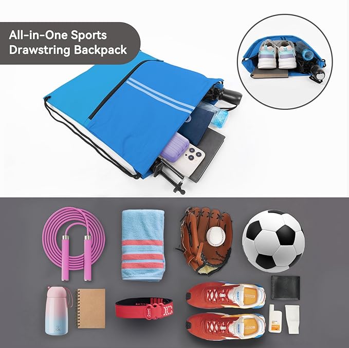 Drawstring Backpack Large Sports Gym Draw String Bag for Women and Men (Ocean Blue)