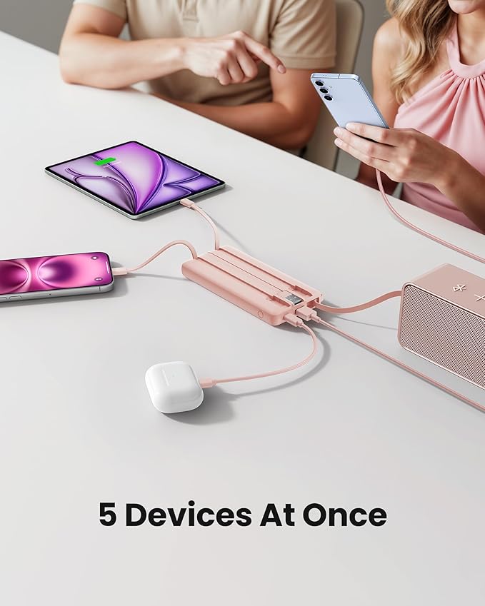 Portable Phone Charger, Slim 10000mAh Travel Essentials Power Bank with Cords Wires, Battery Pack 5 Outputs 2 Inputs LED Display Compatible with iPhone/Android & More (Pink)