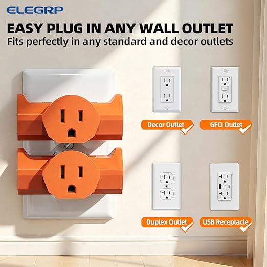 ELEGRP 3-Prong Heavy Duty Power Extender to Triple Outlet in T Direction, Multi-Directional Grounded Wall Tap Outlet Extender with 3 Prong Plug-in, 15-Amp, 125-Volt, ETL Listed, 3 Pack, Orange