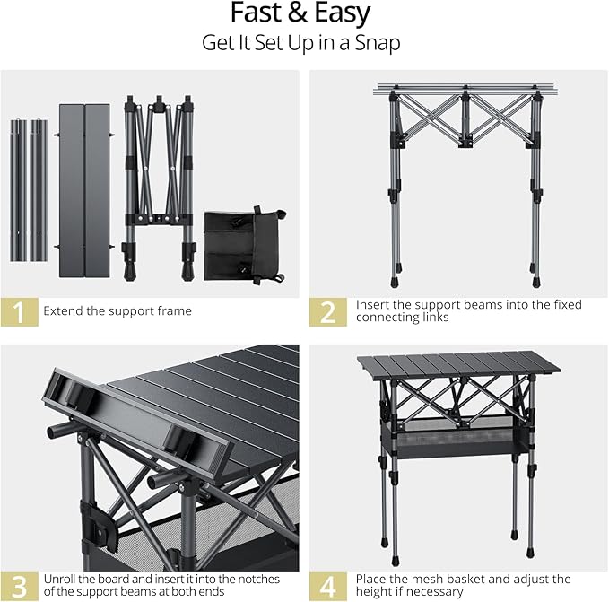 Anbte 2ft Small Roll Up Camping Table, 2 Adjustable Height Aluminum Portable Camping Table with Storage Net & Bag, Lightweight Waterproof Folding Table for Indoor Outdoor BBQ Picnic, 25” X 16”, Black