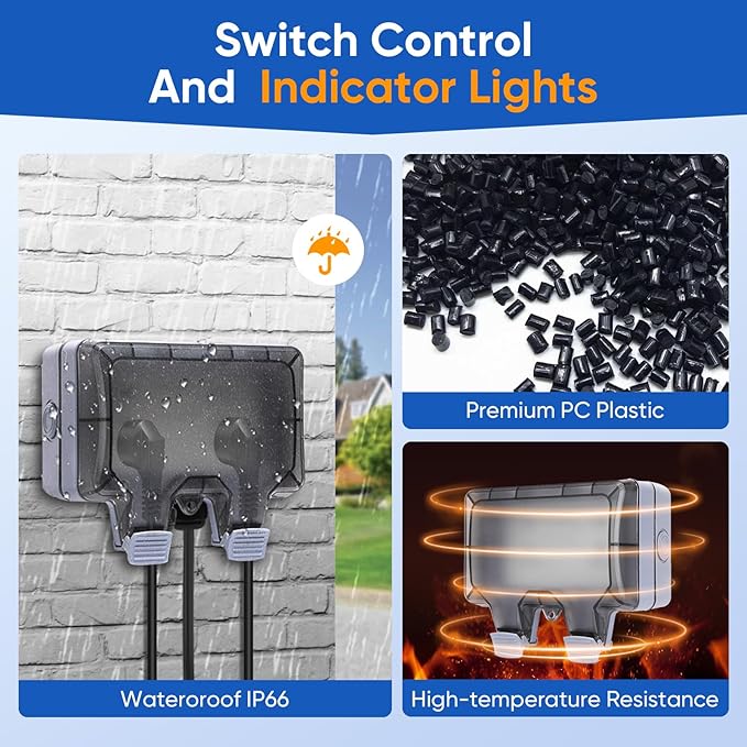 Outdoor Power Outlet,Outdoor Extension Cord Waterproof Double Wall Outlet Extender with On-Off Switch and Indicator Light，Exterior Electric External Power Outlet,Outside Outlet (9.8FT)
