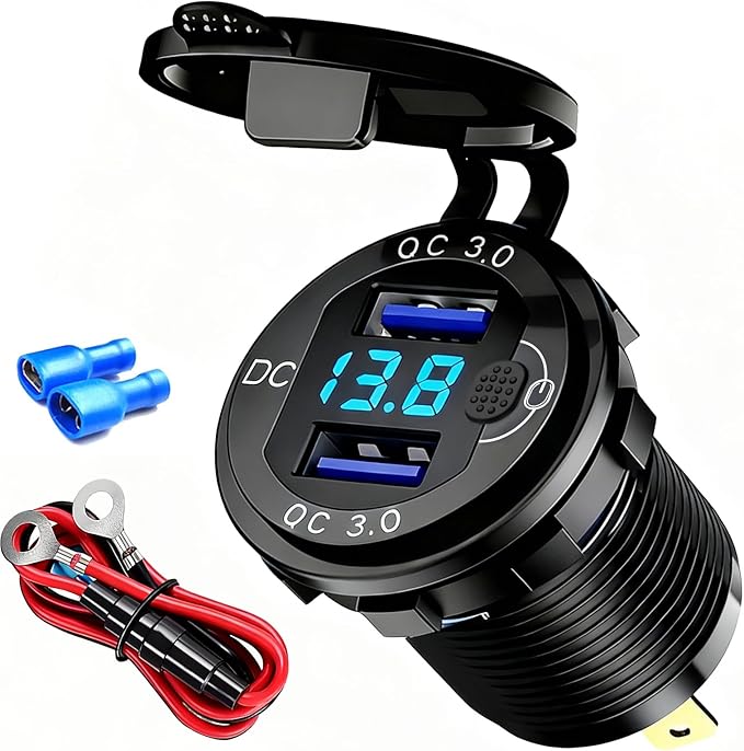 12V Flush Mount Car Charger, Aluminum Metal Body with LED Voltmeter and Switch, Dual QC3.0 USB Port for Marine, RV, Motorcycle & Panel Mounting (Black)