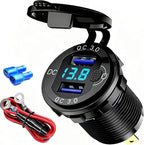 12V Flush Mount Car Charger, Aluminum Metal Body with LED Voltmeter and Switch, Dual QC3.0 USB Port for Marine, RV, Motorcycle & Panel Mounting (Black)
