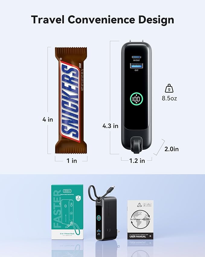 INIU Portable Charger, 10000mAh 30W Fast Charging Power Bank, Built-in USB C Cable and Foldable AC Plug, Travel Essentials Battery Pack for iPhone 16 15, Samsung S25 S24, MacBook