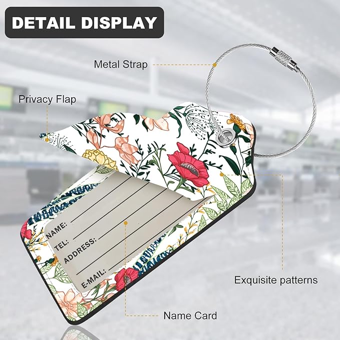 2Pack Luggage Tags for Suitcases, Cute Unique Pu Leather Cruise Luggage Tag with Privacy Cover ID Label Address Card and Metal Ring Suitable for Women Men Kids Travel Bag Red Flowers and Green Leaves