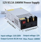 DC 12V 1000W Power Supply 110V AC to DC 12V Converter 83.4A 1000W Switch Power Supply for LED Driver Strip Light Lamp Amplifier