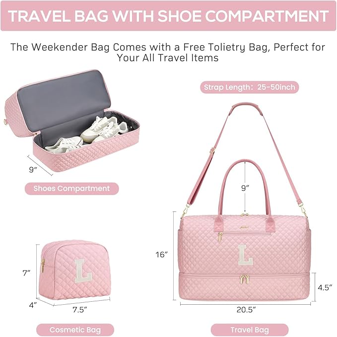 Letter Weekender Bags for Womens - Duffle Bag with Shoe Compartment Personalized Overnight Bag with Toiletry Bag Duffel Bags for Gym Hospital Bags Gift for Women Pink (Letter L)