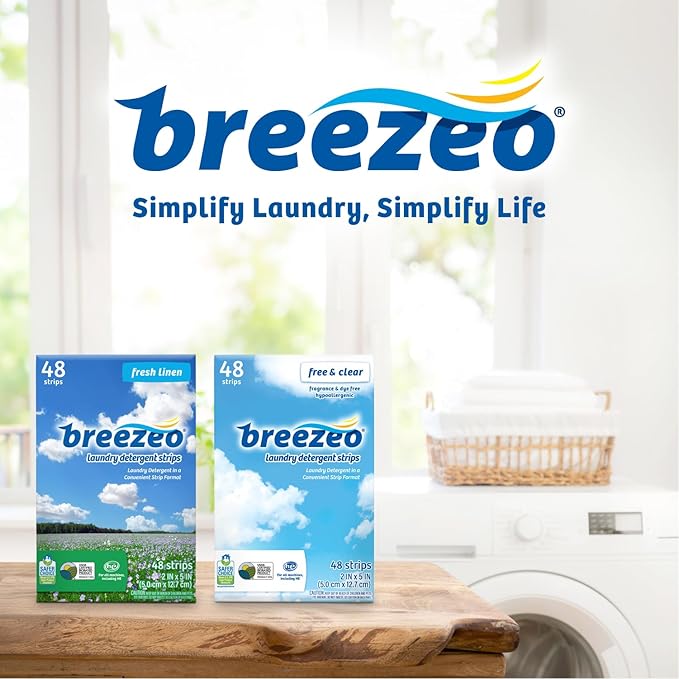 Breezeo Laundry Detergent Strips (48 strips) – Free & Clear - More Convenient than Pods, Pacs, Liquids or Powders – Great for Home, Dorm, Travel, Camping & Hand-Washing