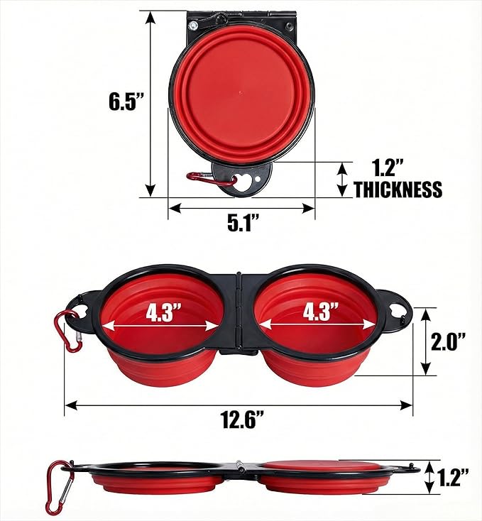 Collapsible Dog Bowls with Carabiner, Double Portable Travel Pet Bowls for Food and Water, Foldable Silicone Dog Bowl for Walking, Hiking, Camping, Small Medium Dogs and Cats,Red