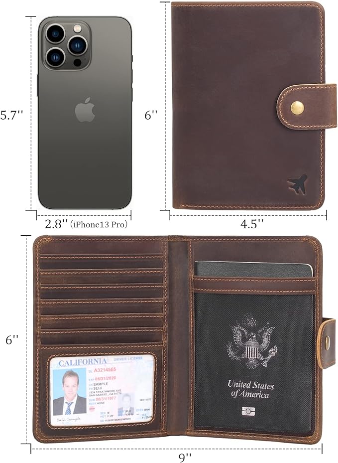 Polare Luxury RFID Blocking Leather Passport Holder Travel Wallet For Men and Women (Dark Brown(Snap Version))
