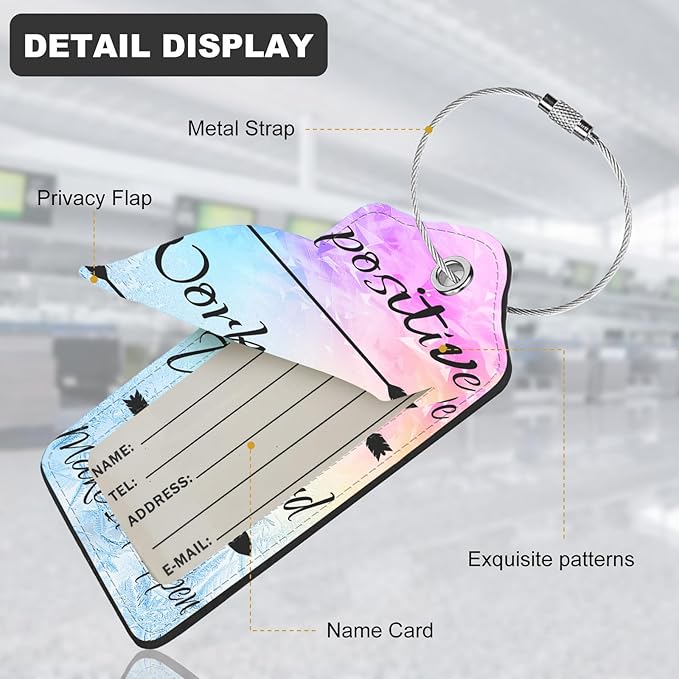 2Pack Luggage Tags for Suitcases, Cute Unique Pu Leather Cruise Luggage Tag with Privacy Cover ID Label Address Card and Metal Ring Suitable for Women Men Kids Travel Bag Stay Positive