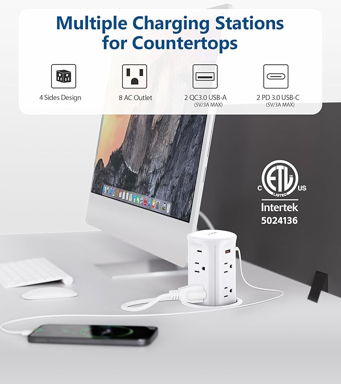 Pop Up Outlet for Countertop,Recessed Power Strip,Power Grommet 3.15 inch Desk Hole Insert,20W USB C,Outlets,2 USB C/2 USB A, Table Outlet,Desk Charging Station,ETL Listed (White, 8AC-6FT)