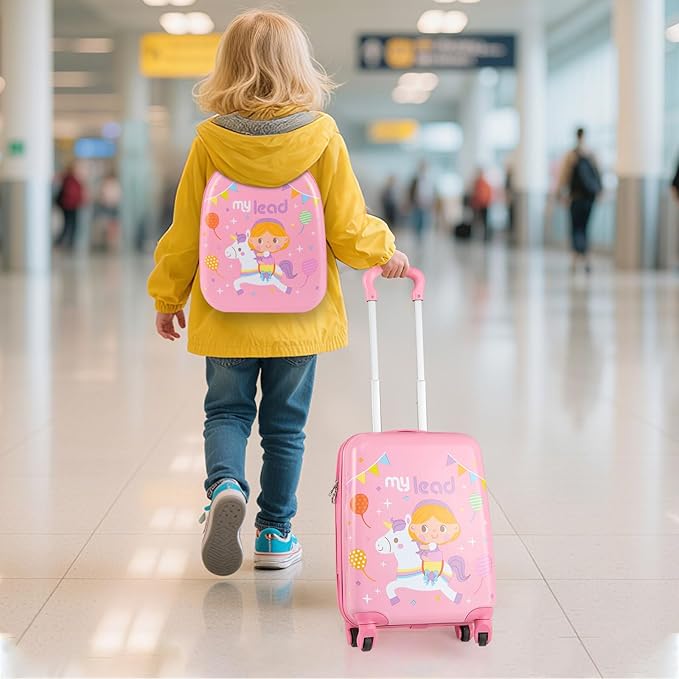 Goplus 2 PCS Kids Luggage, 13" & 16" Carry-on Suitcase w/Spinner Wheels, Telescopic Handle, Hard Shell Rolling Trolley Luggage for Toddler Boys Girls Travel, Airline Approved (Pink, Pony)