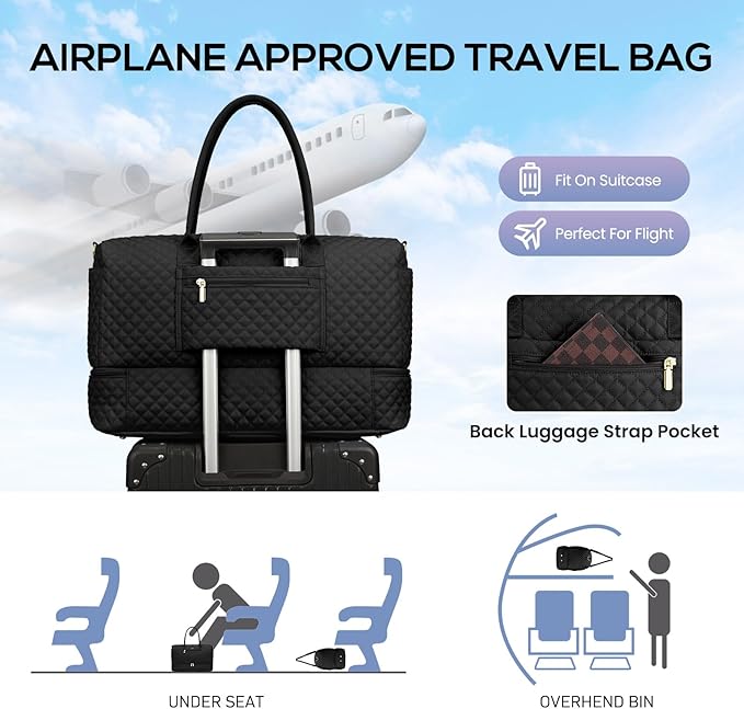 Travel Weekender Bags for Women - Duffle Bag Women with Shoe Compartment Carry On Overnight Bag with Toiletry Bag Duffel Bags with Wet Pocket for Gym Hospital Bags Black for College