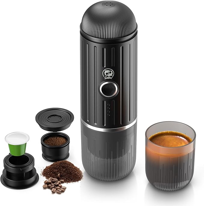 i Cafilas Rich Crema Portable Electric Espresso Coffee Maker, Fast self-heating 2 IN 1 Extraction System Espresso Machine,Support Ground Coffee and NS capsule, for Travel,Car,Hiking,Climbing（Black）
