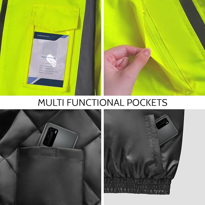 High Visibility Safety Jackets, Construction Coats with Pockets for Men& Women, Rain Jacket for Winter Cold Weather, Waterproof High Vis Rain Coat, Class 3, Yellow-Black, 3XL